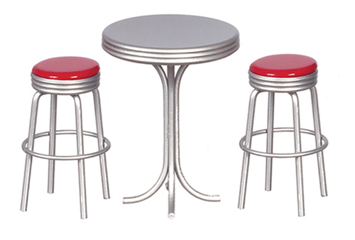 Tall Table with 2 Red Stools